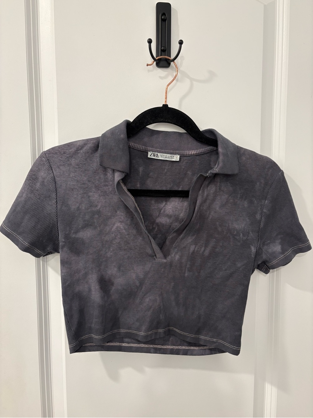 Zara Charcoal Tie-Dye Ribbed Polo Crop Top